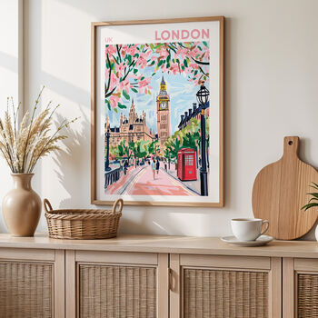 London Big Ben Travel Poster Pink Blossoms, 4 of 10