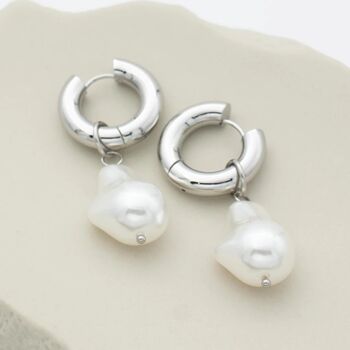 Drop Pearl Earrings On Chunky Hoops, 5 of 10