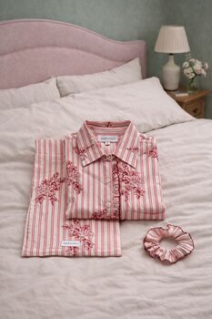 Organic Cotton Pyjama Set For Women – Pink Stripe And Rose Print Vintage Loungewear With Fabric Gift Bag, 5 of 6