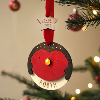 Hand Painted Personalised Wooden Fox Christmas Decoration – My First Christmas Bauble, 8 of 8