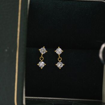 Tiny Double Cz Dangle Stud Earrings Sterling Silver, 5 of 10