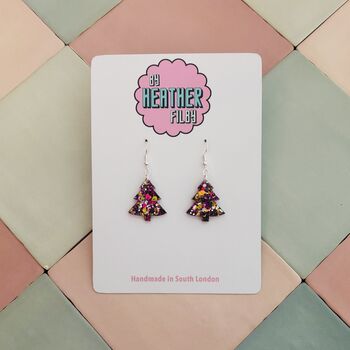 Purple And Gold Christmas Tree Glitter Earrings / Stocking Filler / Santa Present, 6 of 10