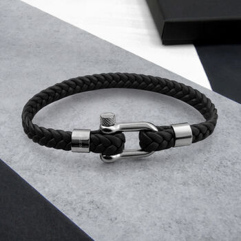 Personalised Men's Shackle And Woven Leather Bracelet, 3 of 8