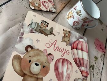Kids Personalised Pink Teddy Bear Placemat, Coaster And Mug Dinner Set, 5 of 7