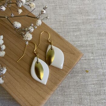 White Ceramic Leaf Earrings Gold Plated, 5 of 7