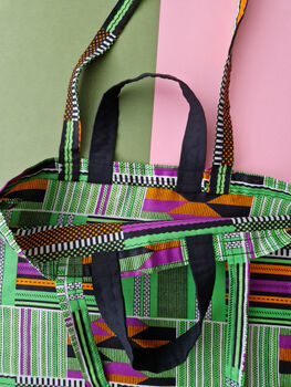 African Print Tote Bag | Green Kente Kofi Print, 4 of 6