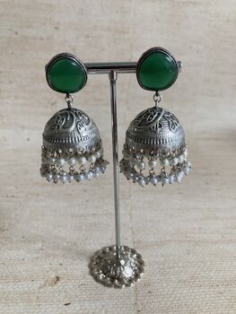 Indian Pearl Emerald Oxidised Jhumki Earrings, 2 of 3
