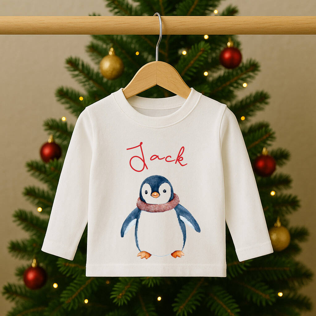 Personalised Kids Christmas T Shirt / Top Penguin, 1 of 3