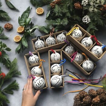 Personalised Hand Lettered Ceramic Christmas Baubles, 9 of 9