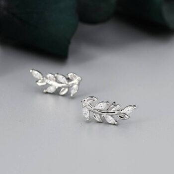 Sterling Silver Sparkly Leaf Cz Stud Earrings, 2 of 12