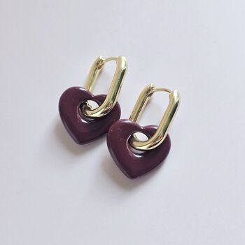 Burgundy Ceramic Heart Gold Tone Hoop Earrings, 4 of 5