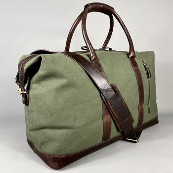Olive Green Canvas Weekend Holdall With Leather Trim, 6 of 8