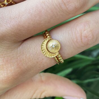 Gold Plated Engraved Stackable Selene Moon Ring, 4 of 6