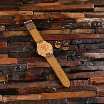 Wood Watch, Cuff Links Engraved Wooden Box, 2 of 5