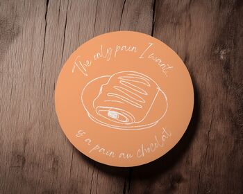 Drinks Coaster, Colourful, Wooden, Funny, Pastry, Pain Au Chocolat, Gift Idea, 3 of 5