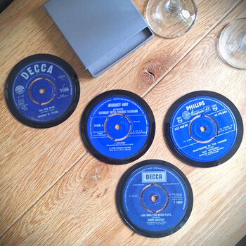 Four Record Vinyl Coasters By Colour, Red, Blue, Green, Black, Mauve, Pink, Gold, Silver, White, Yellow, 6 of 12