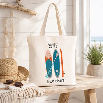 Funny Sup Beaches Paddle Boarding Tote Bag Shopper, 2 of 6