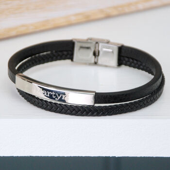 Personalised Men's Black Leather Sliding Bar Bracelet, 2 of 7