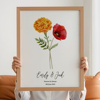 Personalised Couples Birth Flower Print With Date Or Message, 3 of 5
