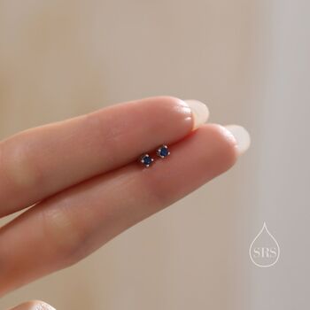 Sterling Silver Very Tiny 2mm Sapphire Blue Cz Stud Earrings, 2 of 12