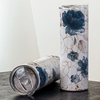 Custom Elegant Blue And Gold Floral Insulated Bottle Tumbler, 5 of 7