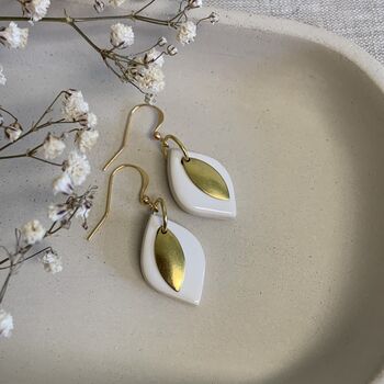 White Ceramic Leaf Earrings Gold Plated, 6 of 7