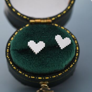 Sterling Silver Eight Bit Pixel Heart Stud Earrings, 2 of 10