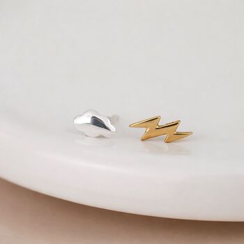 Mismatched Sterling Silver And Gold Lightning And Cloud Stud Earrings – 10mm X 6mm, 2 of 7