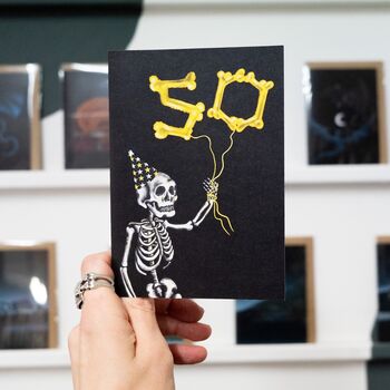 50th Balloon Skeleton Gothic Birthday Card, 2 of 8