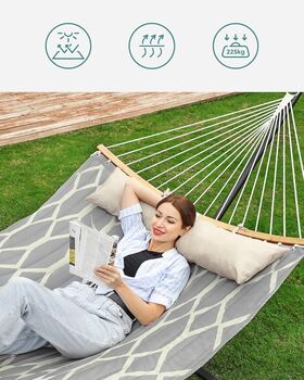 Quilted Fabric Hammock With Bamboo Spreaders And Pillow, 2 of 8