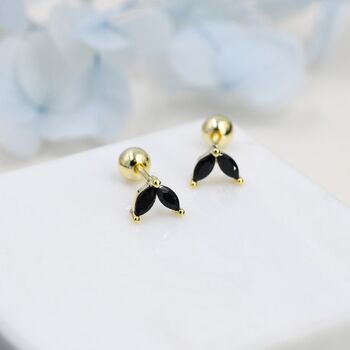 Sterling Silver Black Cz Marquise Leaf Duo Barbell Earrings, 7 of 9