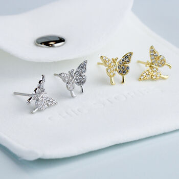 Sterling Silver White Crystal Butterfly Stud Earrings, 5 of 6