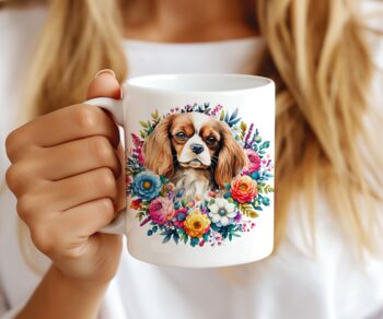 Personalised King Charles Spaniel Summer Floral Dog Wreath Cushion And Mug Gift Bundle, 3 of 4