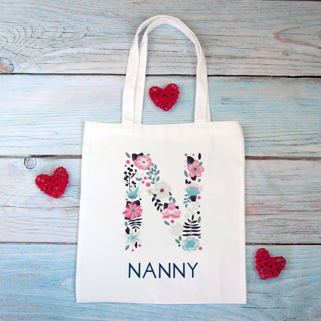 Floral Initial Personalised Nanny Tote Bag By Chips Sprinkles Notonthehighstreet Com