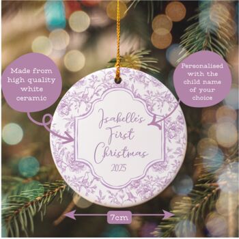 Baby's First Christmas Personalised Floral Ceramic Tree Decoration Pink Or Blue, 5 of 5