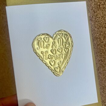 Handmade Personalised Gold Foil Mr And Mrs Wedding Card, 5 of 7