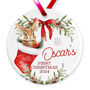 Personalised Baby's First Christmas Ceramic Bauble In Red, Pink Or Blue, thumbnail 4 of 6