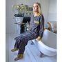 Block Printed Navy Blue, Mustard And Pink Lily Cotton Pyjamas, thumbnail 3 of 9