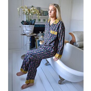 Block Printed Navy Blue, Mustard And Pink Lily Cotton Pyjamas, 3 of 9