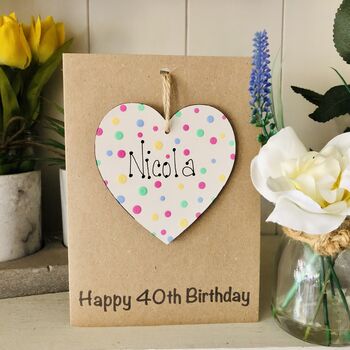 Personalised 50th Birthday Polka Dot Wooden Heart Card, 3 of 6