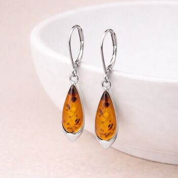 Sterling Silver Baltic Amber Teardrop Earrings, 3 of 6