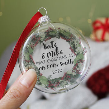 First Married Wreath Christmas Glass Bauble Decoration, 4 of 10
