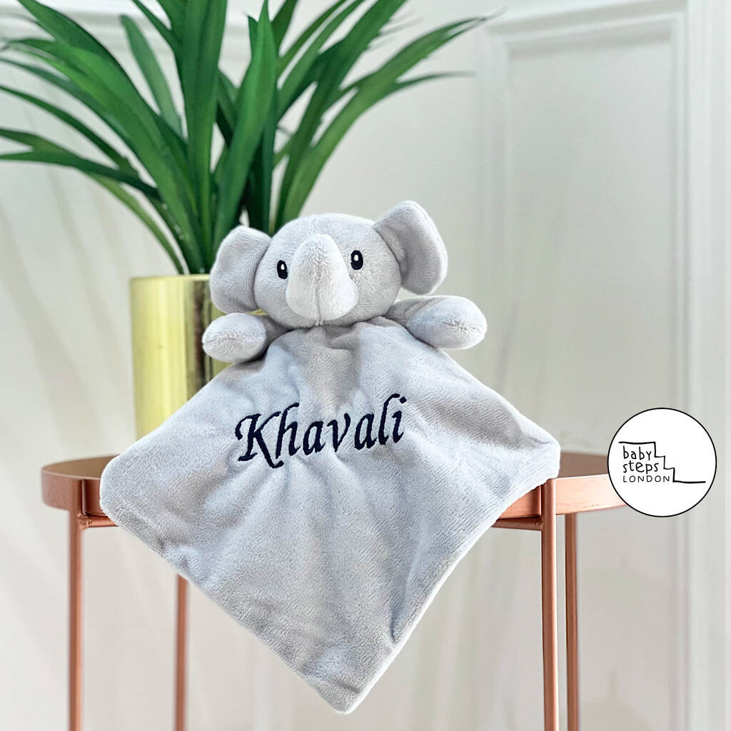 Grey Personalised Name Elephant Comforter Soft Toy, 1 of 4