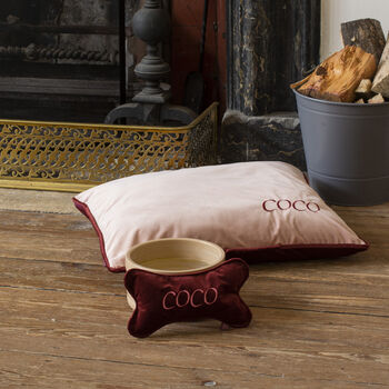 Personalised Pet Bed And Bone Gift Set Pink Velvet, 3 of 9