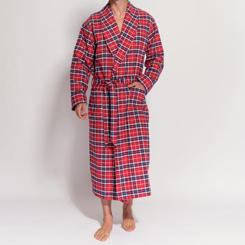 Men's Soft Red Tartan Two Fold Flannel Robe, 2 of 4