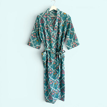 Teal Ditsy Floral Print 100% Cotton Block Print Dressing Gown, 2 of 6