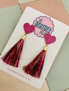 Pink Tassel Heart Glitter Resin Earrings, 6 of 6