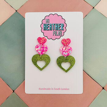 Triple Heart Glitter Earrings, 5 of 9
