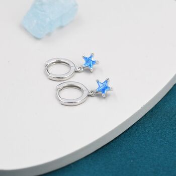 Sterling Silver Blue Cz Star Huggie Hoop Earrings, 4 of 9
