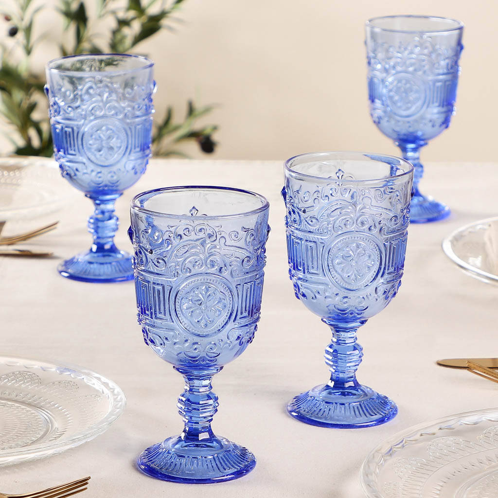 Set Of Four Embossed Blue Wine Glasses By Dibor